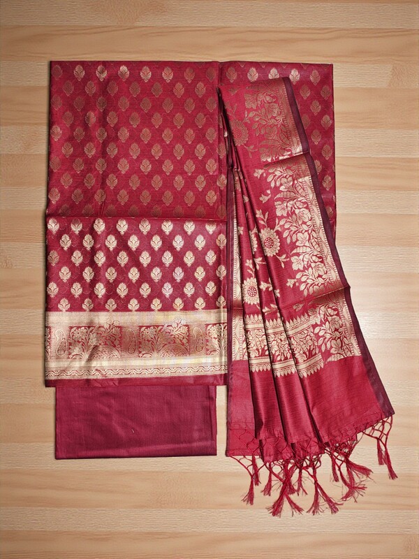 Red Banarasi Silk Zari Work Unstitched Suit Set with dupatta for Women