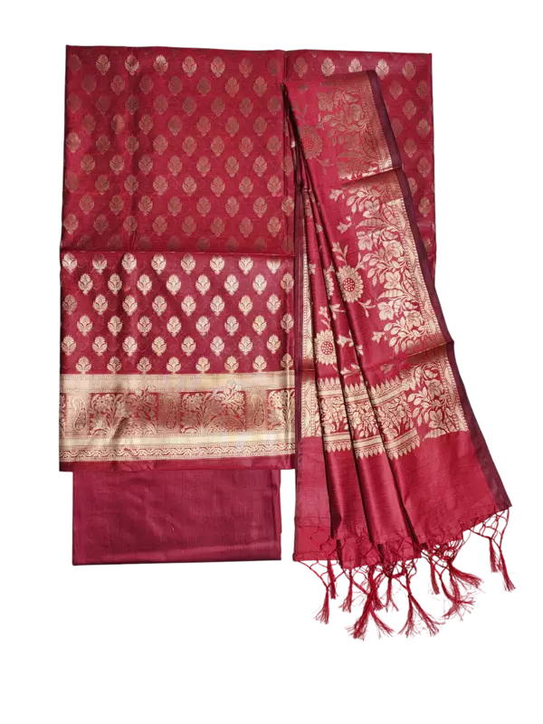 Red Banarasi Silk Zari Work Unstitched Suit Set with dupatta for Women