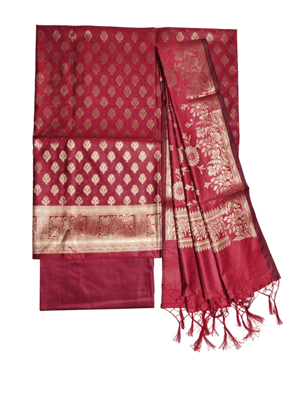 Red Banarasi Silk Zari Work Unstitched Suit Set with dupatta for Women