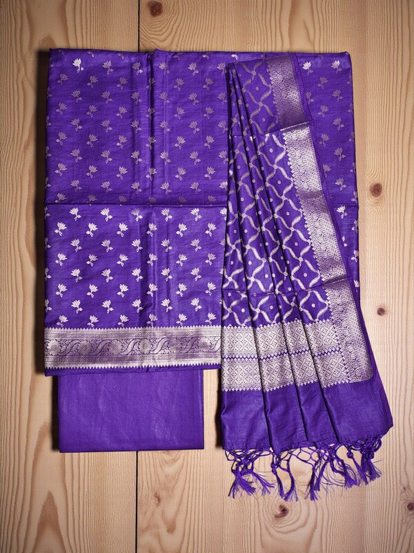 Dark Purple Banarasi Semi Katan Silk Dress Material for Women