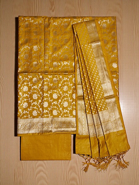 Mustard Banarasi Semi Katan Silk Dress Materials for Women
