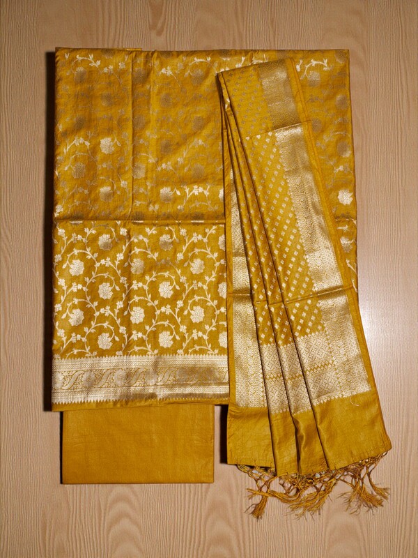 Mustard Banarasi Semi Katan Silk Dress Materials for Women