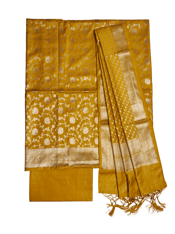 Mustard Banarasi Semi Katan Silk Dress Materials for Women