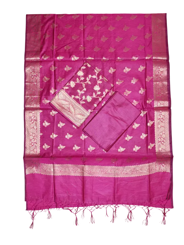 Dark Pink Banarasi Silk Zari Work Unstitched Suit Set with dupatta for Women