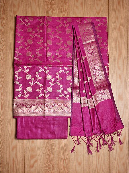 Dark Pink Banarasi Silk Zari Work Unstitched Suit Set with dupatta for Women