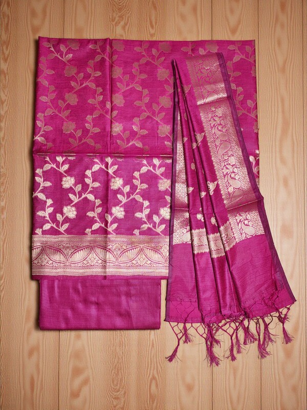 Dark Pink Banarasi Silk Zari Work Unstitched Suit Set with dupatta for Women