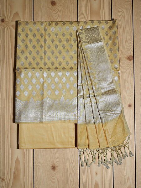 Yellow Banarasi Cotton Silk Unstitched Salwar Suit Set