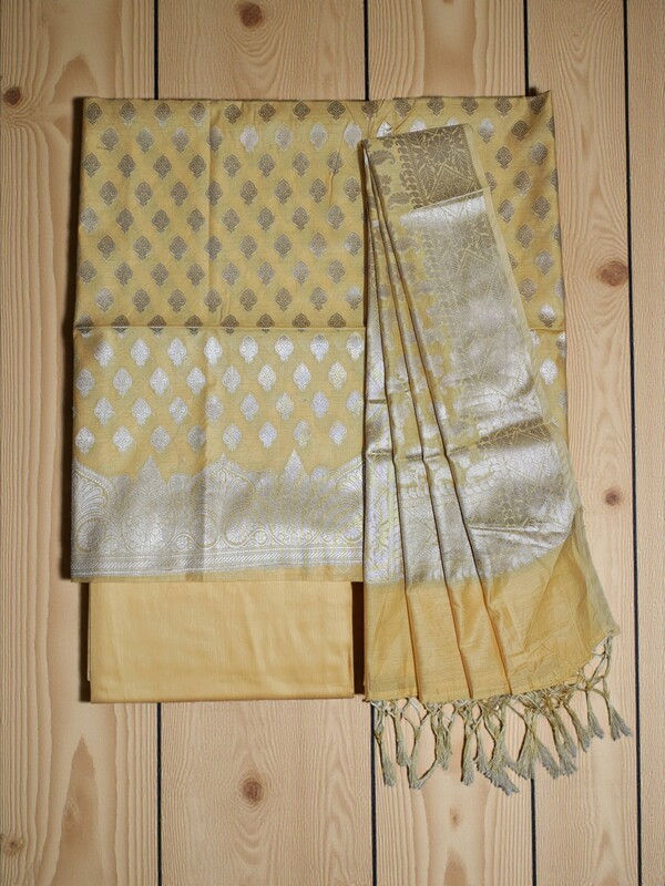 Yellow Banarasi Cotton Silk Unstitched Salwar Suit Set