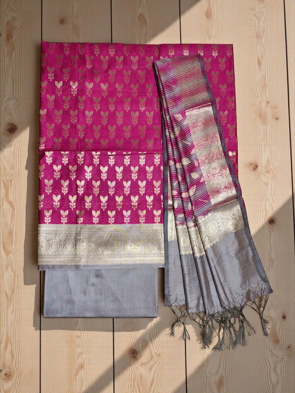 Pink Banarasi Silk Zari Work Unstitched Suit Set with dupatta for Women