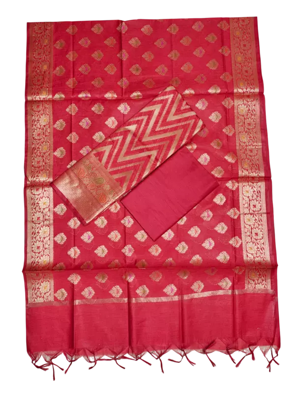 Red Banarasi Cotton Silk Unstitched Salwar Suit Set with Dupatta for Women