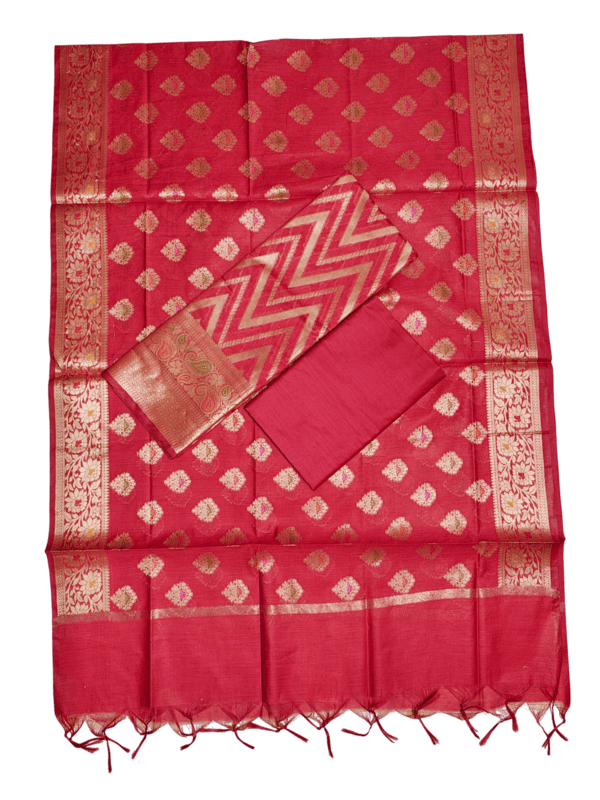 Red Banarasi Cotton Silk Unstitched Salwar Suit Set with Dupatta for Women