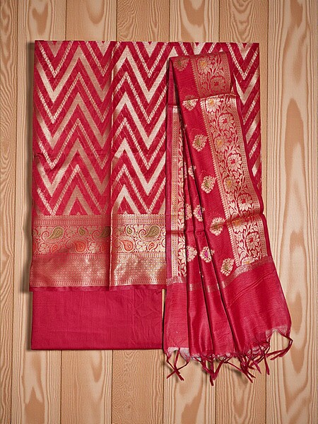 Red Banarasi Cotton Silk Unstitched Salwar Suit Set with Dupatta for Women