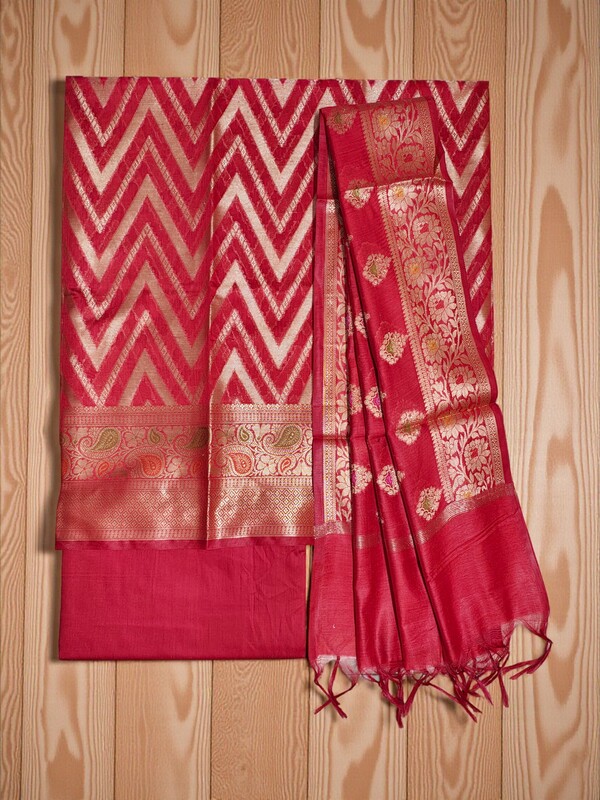 Red Banarasi Cotton Silk Unstitched Salwar Suit Set with Dupatta for Women
