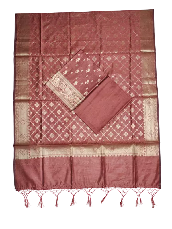 Rust Banarasi Silk Zari Work Unstitched Suit Set with dupatta for Women