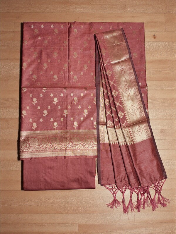 Rust Banarasi Silk Zari Work Unstitched Suit Set with dupatta for Women