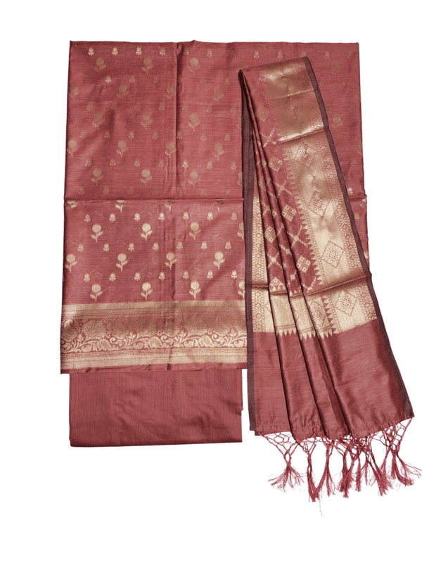 Rust Banarasi Silk Zari Work Unstitched Suit Set with dupatta for Women