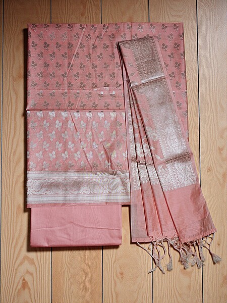 Peach Banarasi Silk Zari Work Dress Materials with dupatta for Women