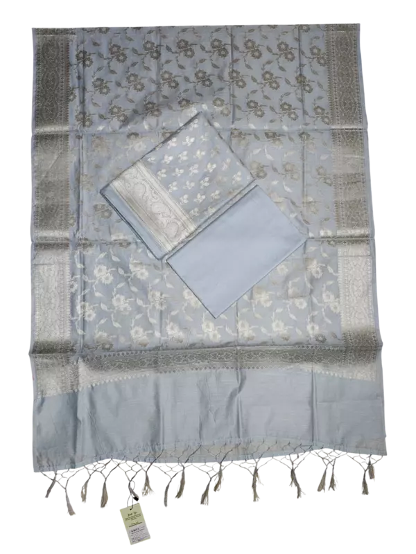 Light Blue Banarasi Silk Zari Work Unstitched Suit Set with dupatta for Women