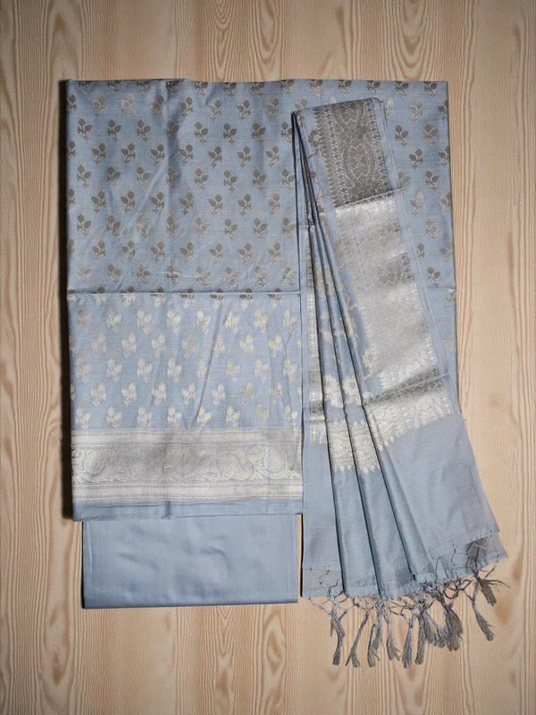Light Blue Banarasi Silk Zari Work Unstitched Suit Set with dupatta for Women