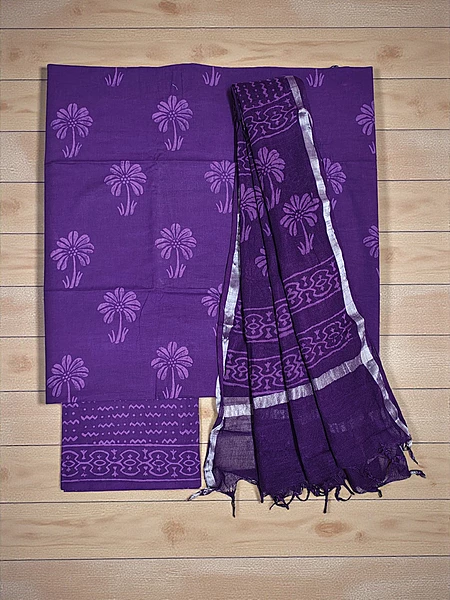 Dark Purple Hand Block Print Cotton Dress Materials with Linen Dupatta for Women