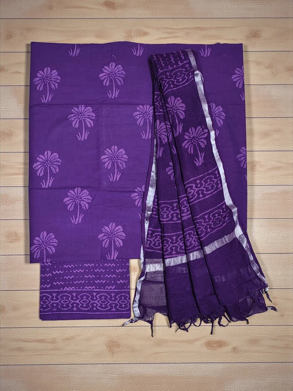 Dark Purple Hand Block Print Cotton Dress Materials with Linen Dupatta for Women