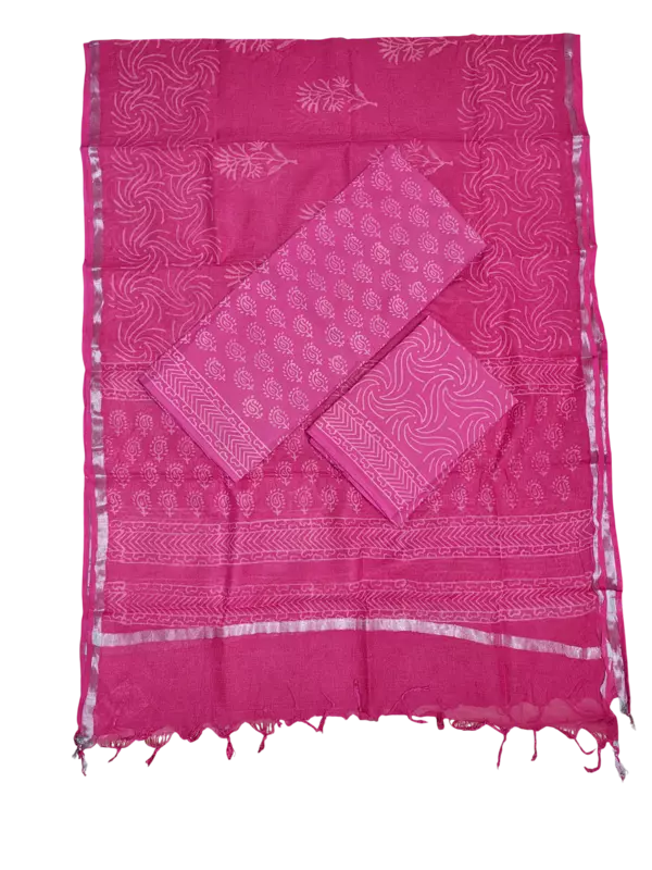 Pink Hand Block Print Cotton Dress Materials with Linen Dupatta for Women