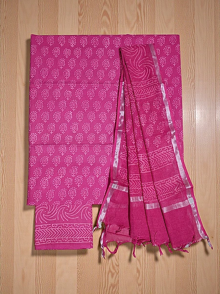 Pink Hand Block Print Cotton Dress Materials with Linen Dupatta for Women