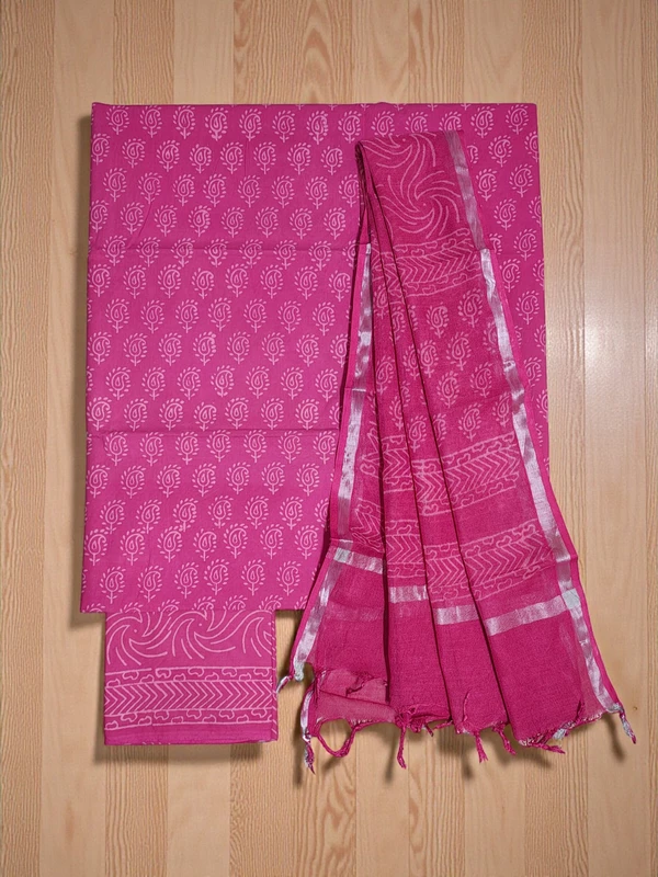 Pink Hand Block Print Cotton Dress Materials with Linen Dupatta for Women