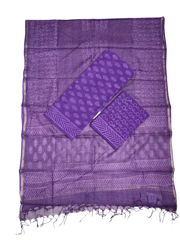 Purple Kota Doria Hand block Print Unstitched Suit Set
