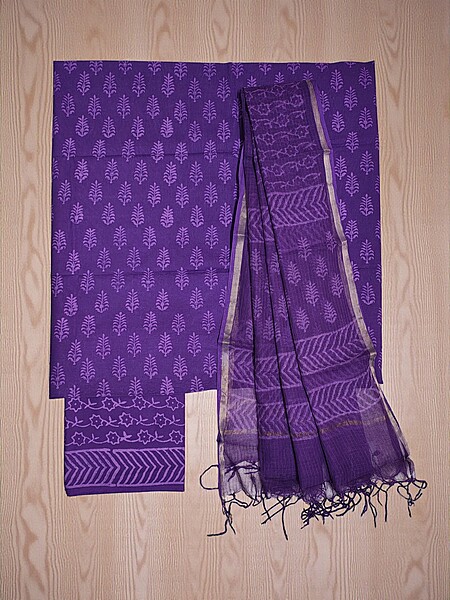 Purple Kota Doria Hand block Print Unstitched Suit Set