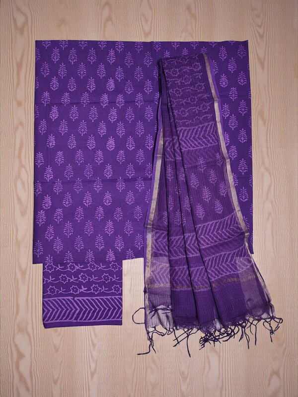 Purple Kota Doria Hand block Print Unstitched Suit Set