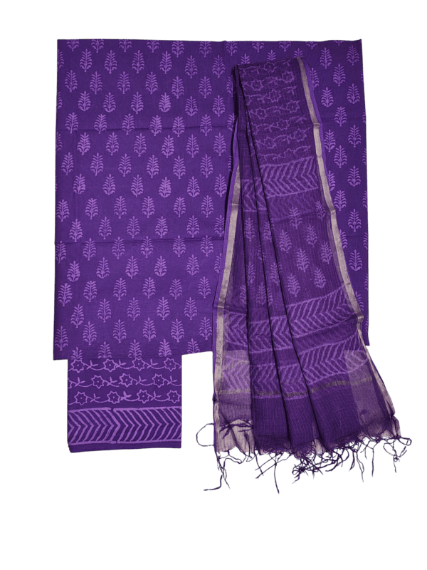 Purple Kota Doria Hand block Print Unstitched Suit Set