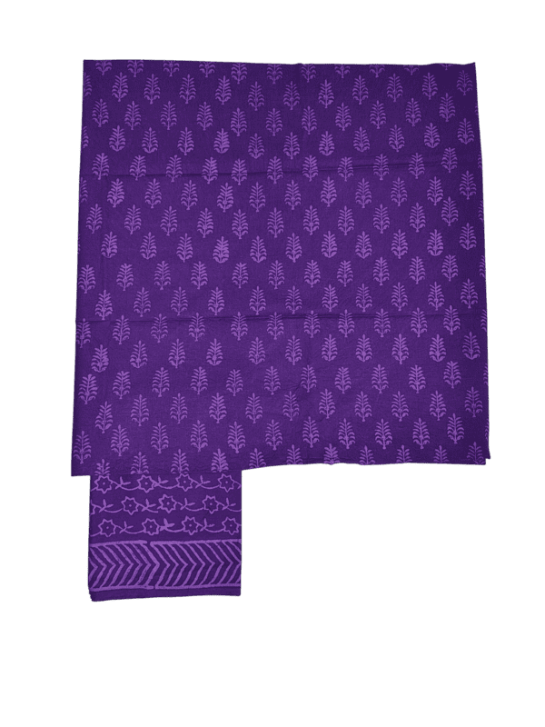 Purple Kota Doria Hand block Print Unstitched Suit Set