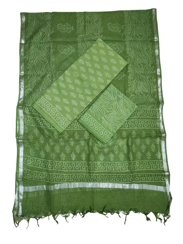 Green Hand Block Print Cotton Dress Materials with Linen Dupatta for Women