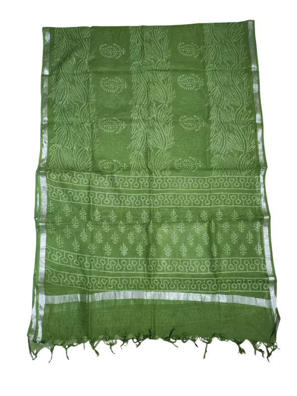 Green Hand Block Print Cotton Dress Materials with Linen Dupatta for Women