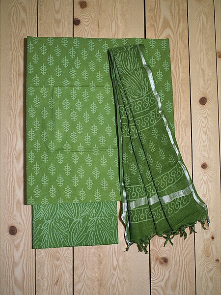 Green Hand Block Print Cotton Dress Materials with Linen Dupatta for Women