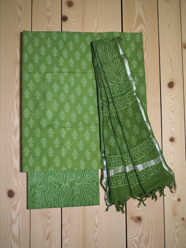 Green Hand Block Print Cotton Dress Materials with Linen Dupatta for Women