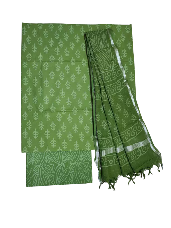 Green Hand Block Print Cotton Dress Materials with Linen Dupatta for Women