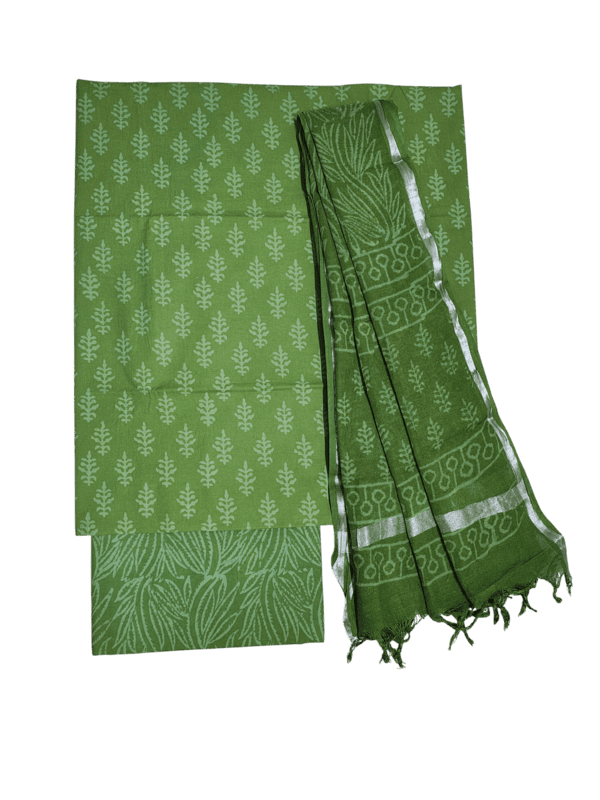 Green Hand Block Print Cotton Dress Materials with Linen Dupatta for Women
