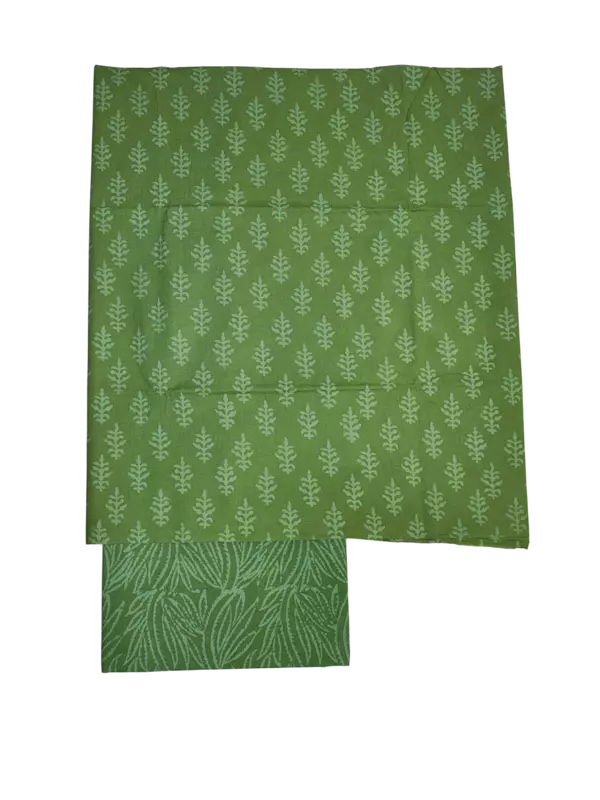 Green Hand Block Print Cotton Dress Materials with Linen Dupatta for Women