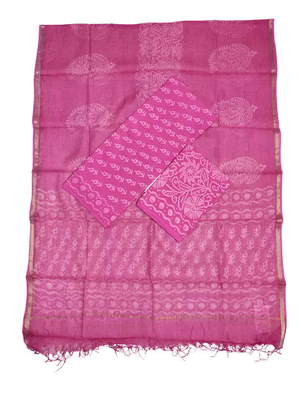 Pink Kota Doria Hand block Print Unstitched Suit Set