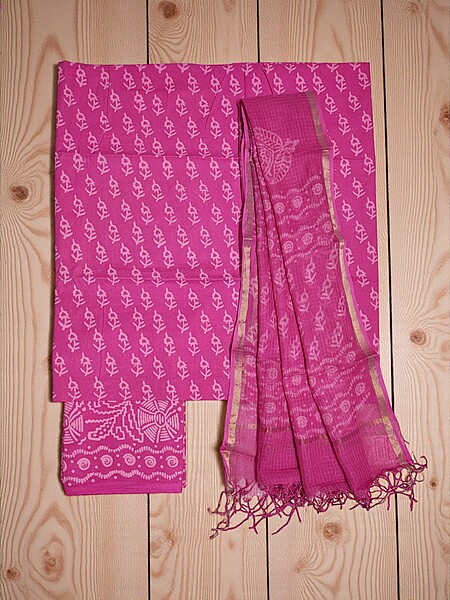 Pink Kota Doria Hand block Print Unstitched Suit Set