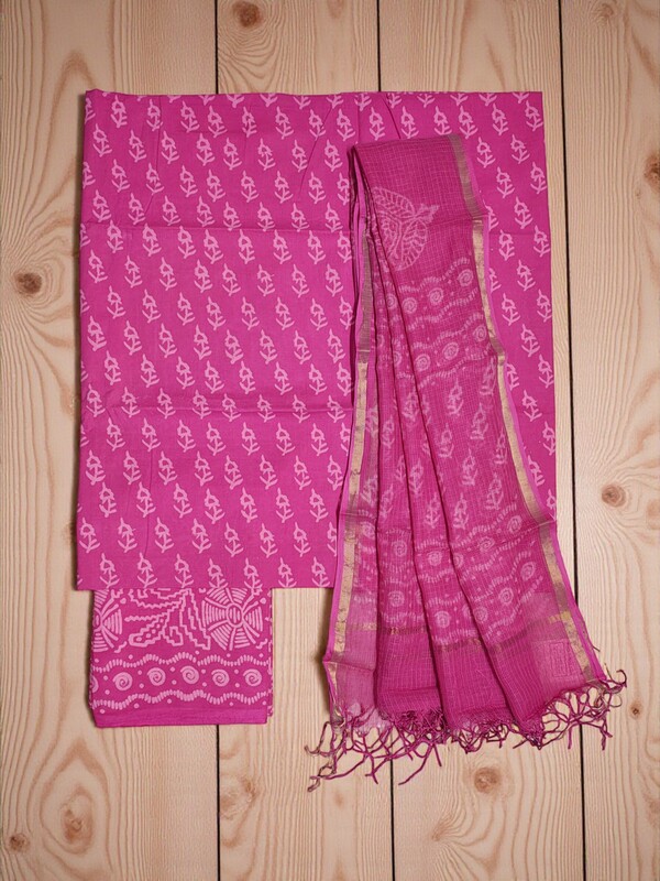 Pink Kota Doria Hand block Print Unstitched Suit Set