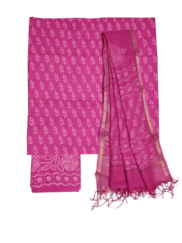 Pink Kota Doria Hand block Print Unstitched Suit Set