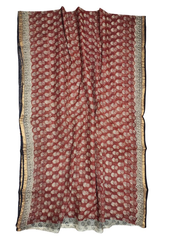 Maroon Kota Doria Hand Block Print Saree for Women