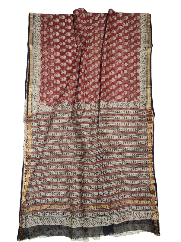 Maroon Kota Doria Hand Block Print Saree for Women