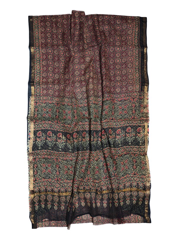 Wine Kota Doria Hand Block Print Saree for Women