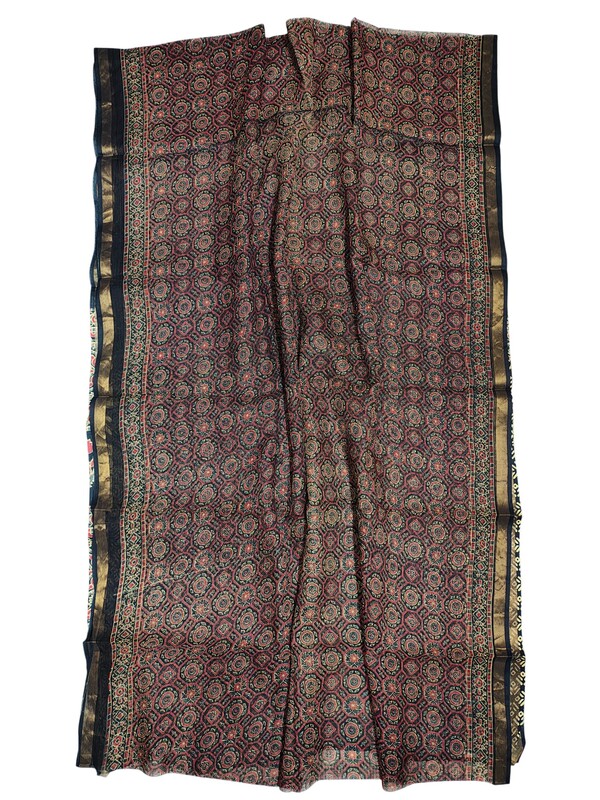 Wine Kota Doria Hand Block Print Saree for Women