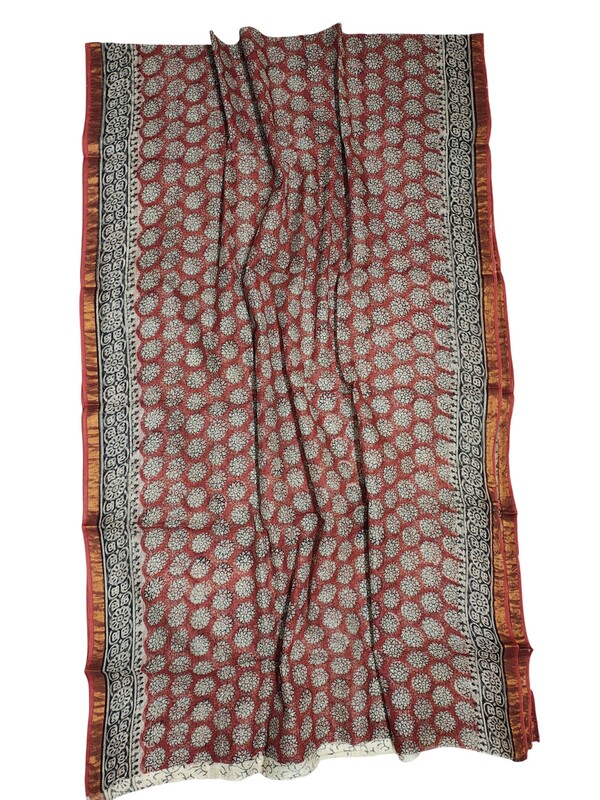 Red Kota Doria Hand Block Print Saree for Women