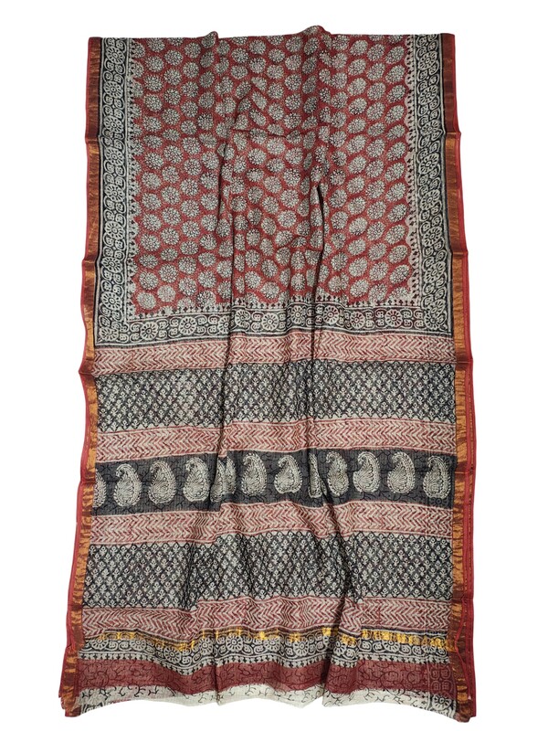 Red Kota Doria Hand Block Print Saree for Women
